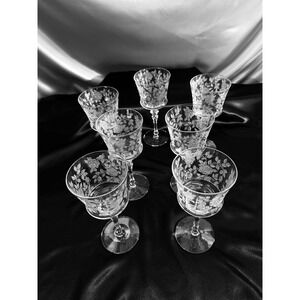 7 Tiffin-Franciscan Water Wine Goblets TIF13 Rose Etched Crystal 15088 7.75"